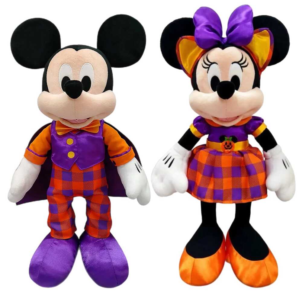 Disney Orange Purple Stuffed Animal Mickey Mouse + Minnie Mouse Plush Set 16”